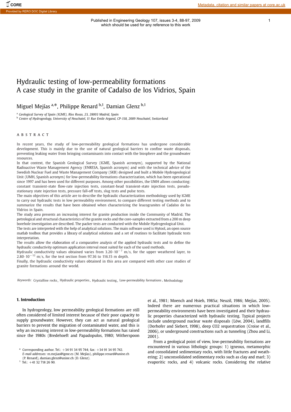 Hydraulic Testing of Low-Permeability Formations a Case Study in the Granite of Cadalso De Los Vidrios, Spain