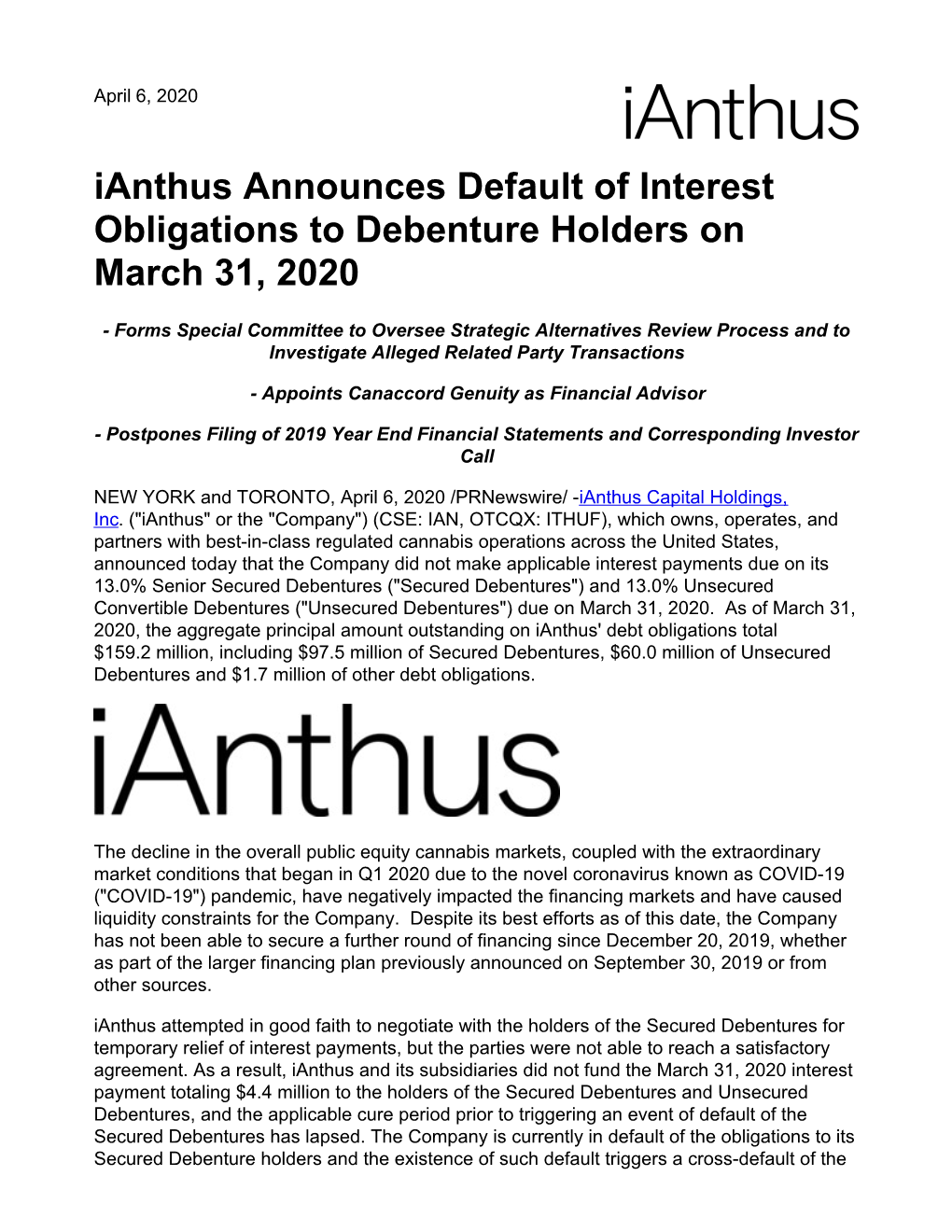 Ianthus Announces Default of Interest Obligations to Debenture Holders on March 31, 2020