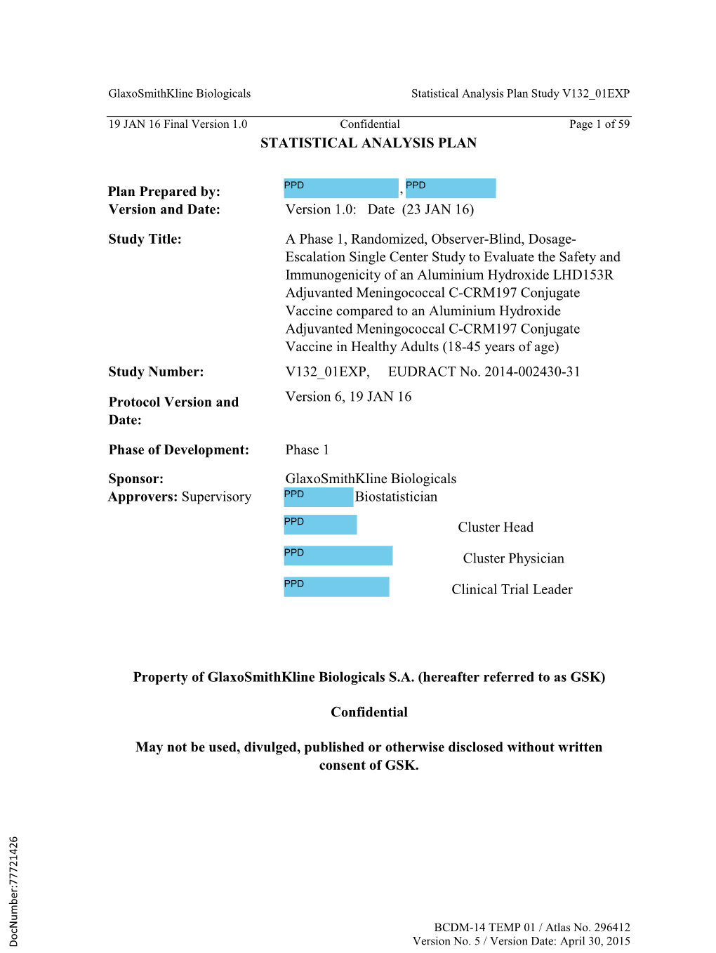 Statistical Analysis Plan Study V132 01EXP