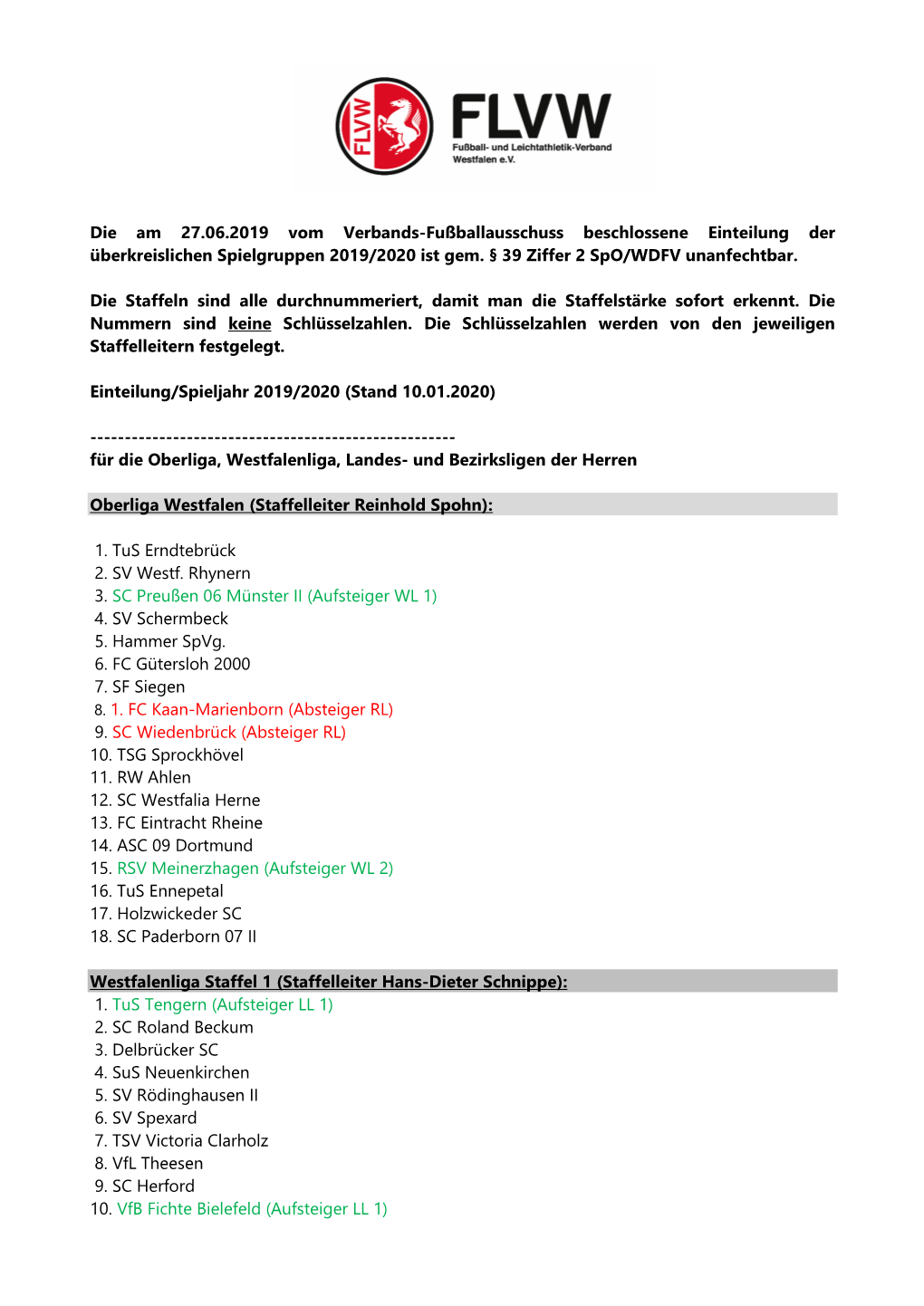 Die Am 27.06.2019 Vom Verbands-Fußballausschuss Beschlossene Einteilung Der Überkreislichen Spielgruppen 2019/2020 Ist Gem