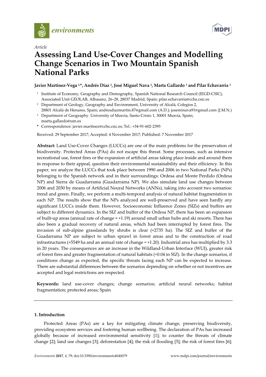 Assessing Land Use-Cover Changes and Modelling Change Scenarios in Two Mountain Spanish National Parks