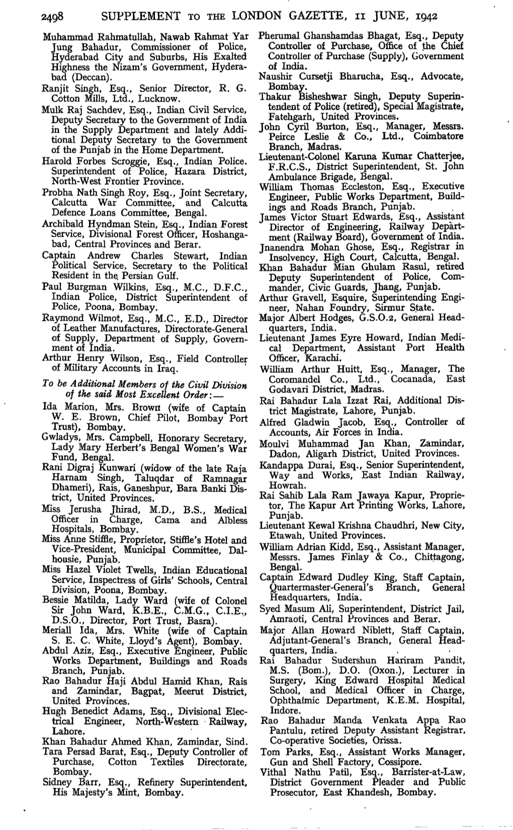 2498 SUPPLEMENT to the LONDON GAZETTE, N JUNE, 1942