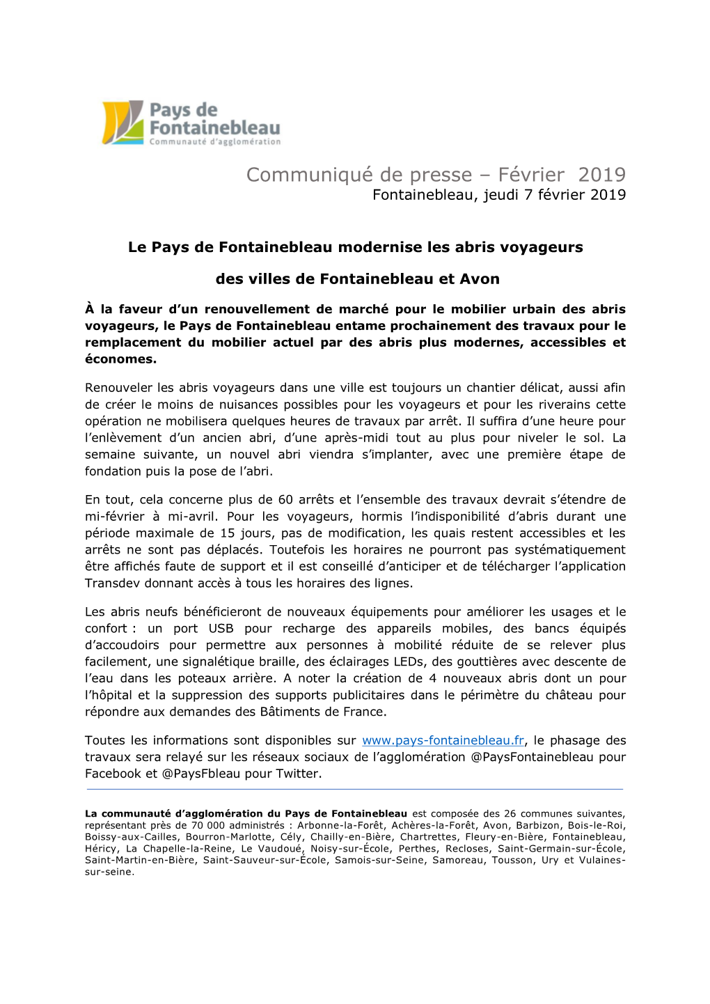 Communiqué De Presse – Février 2019 Fontainebleau, Jeudi 7 Février 2019