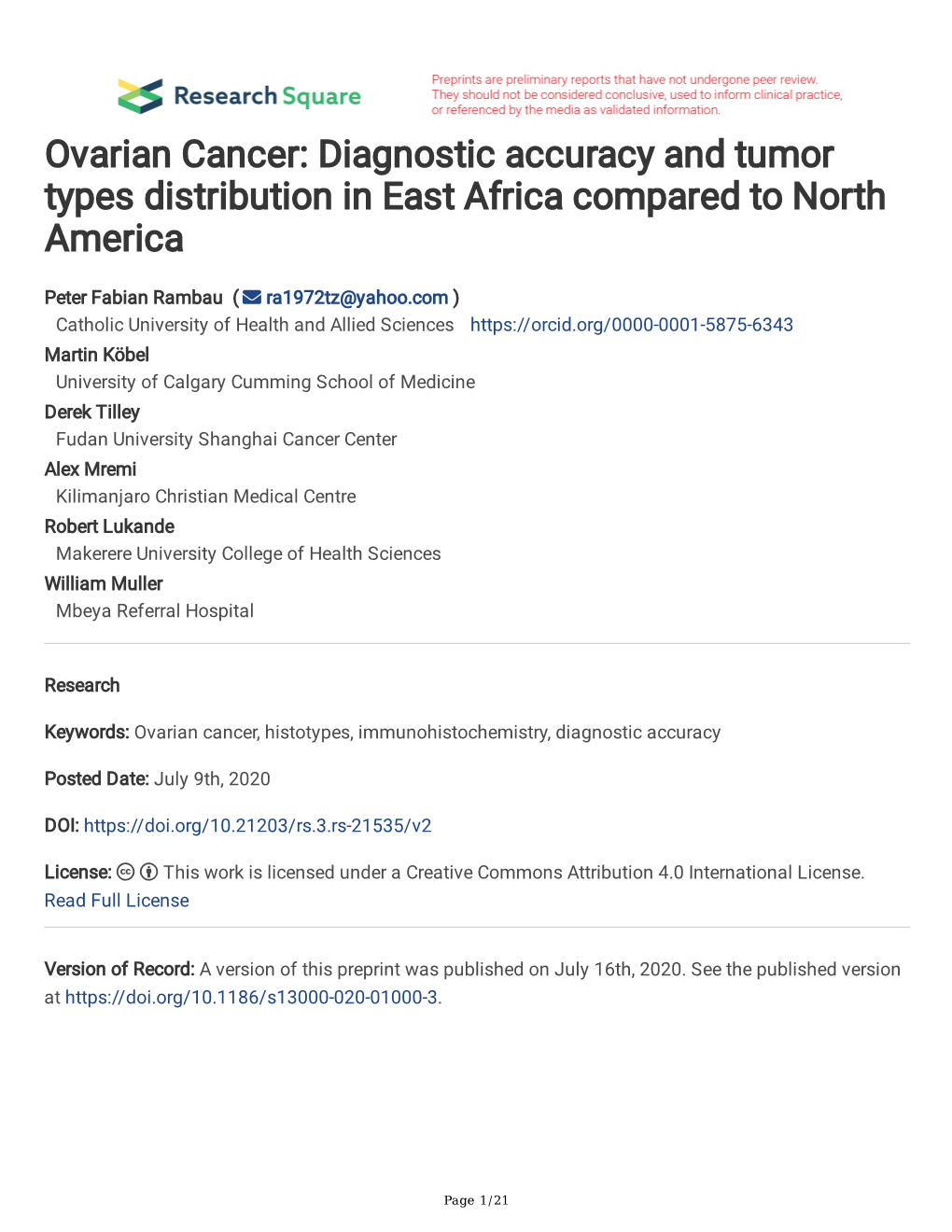 Ovarian Cancer: Diagnostic Accuracy and Tumor Types Distribution in East Africa Compared to North America