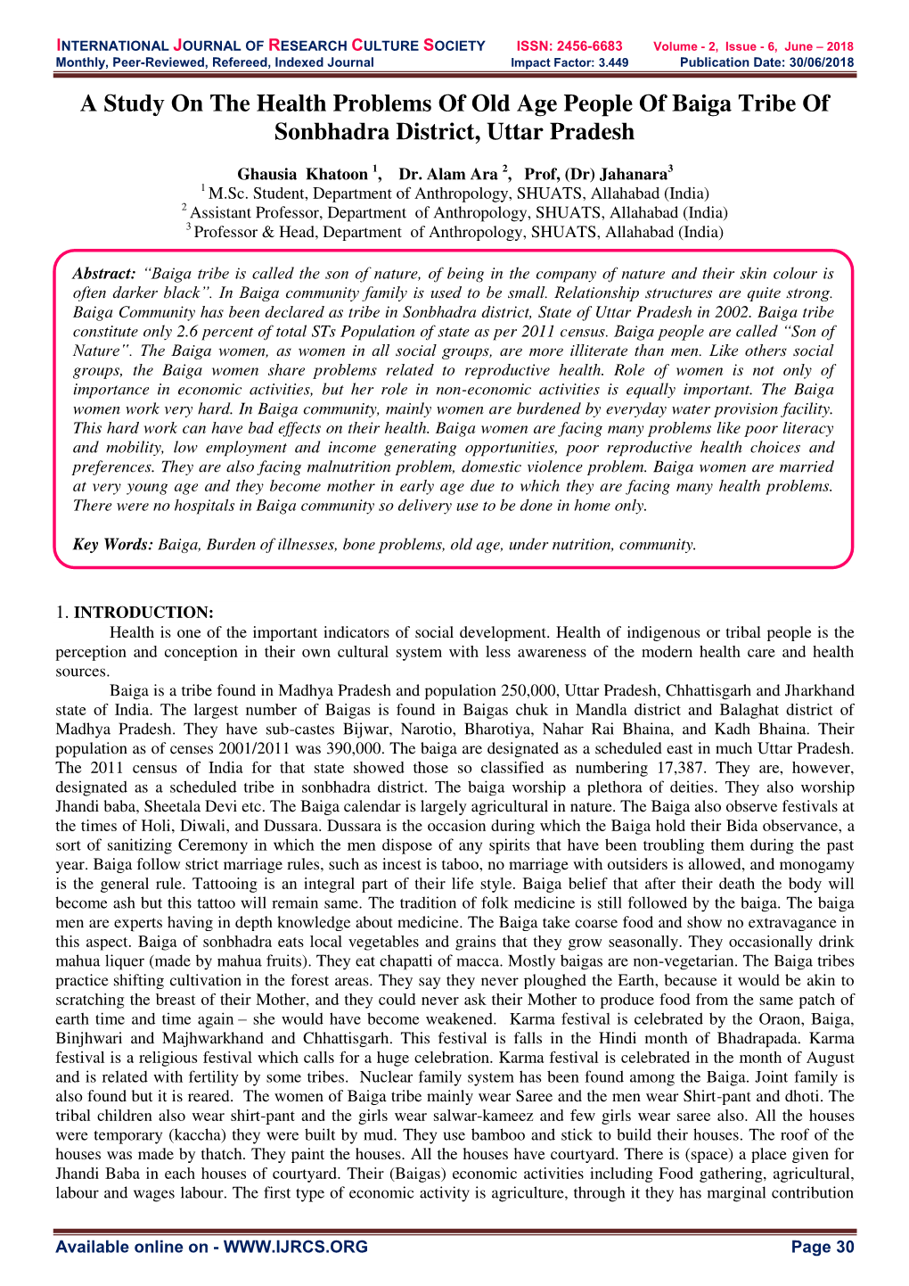 A Study on the Health Problems of Old Age People of Baiga Tribe of Sonbhadra District, Uttar Pradesh