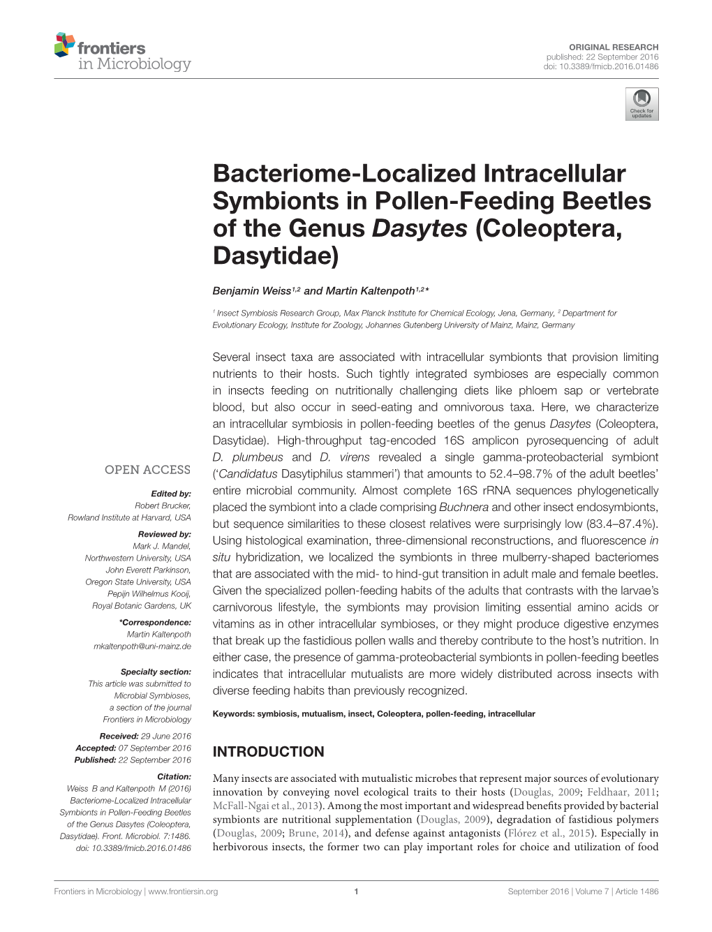 Bacteriome-Localized Intracellular Symbionts in Pollen-Feeding Beetles of the Genus Dasytes (Coleoptera, Dasytidae)