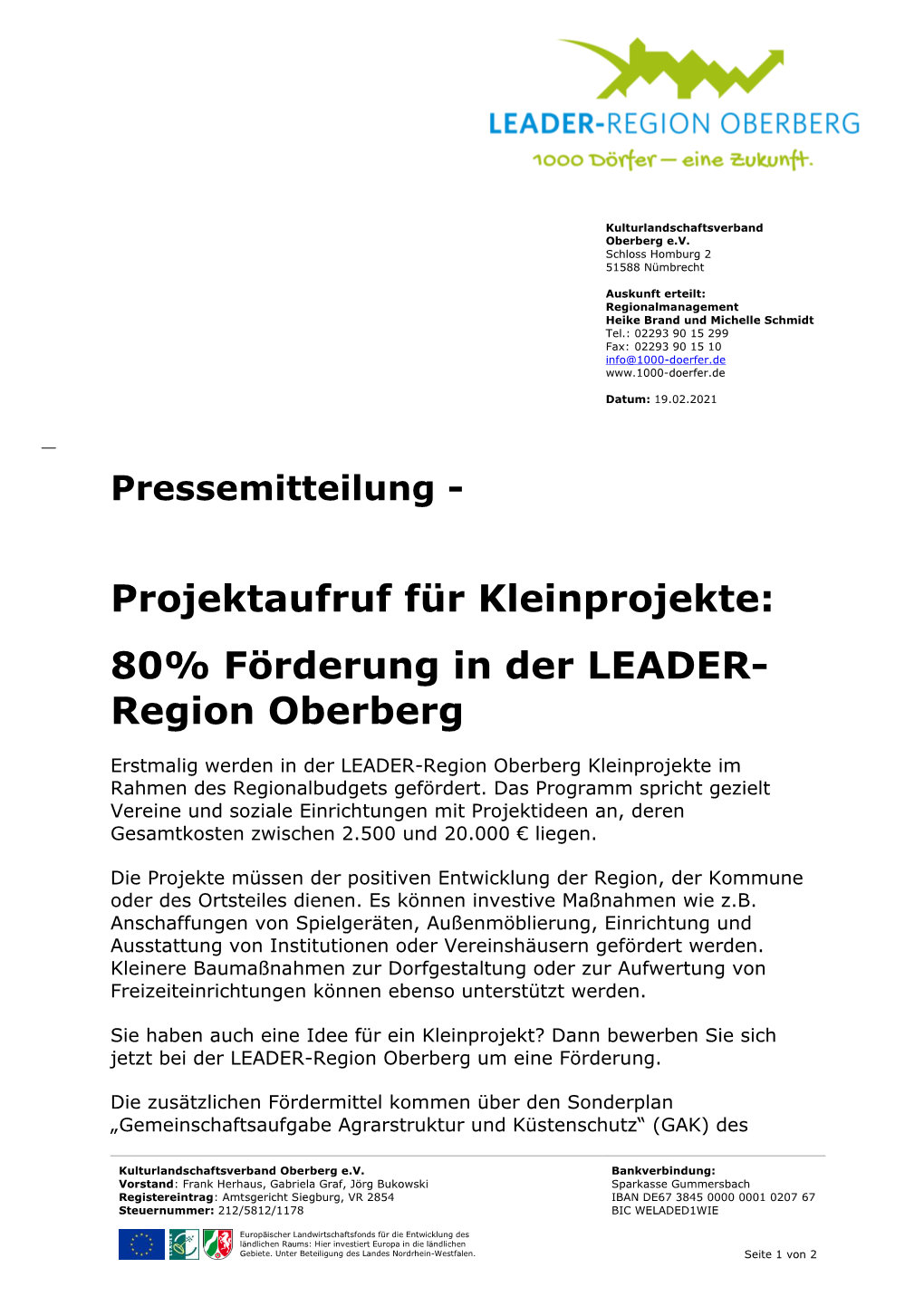 80% Förderung in Der LEADER- Region Oberberg