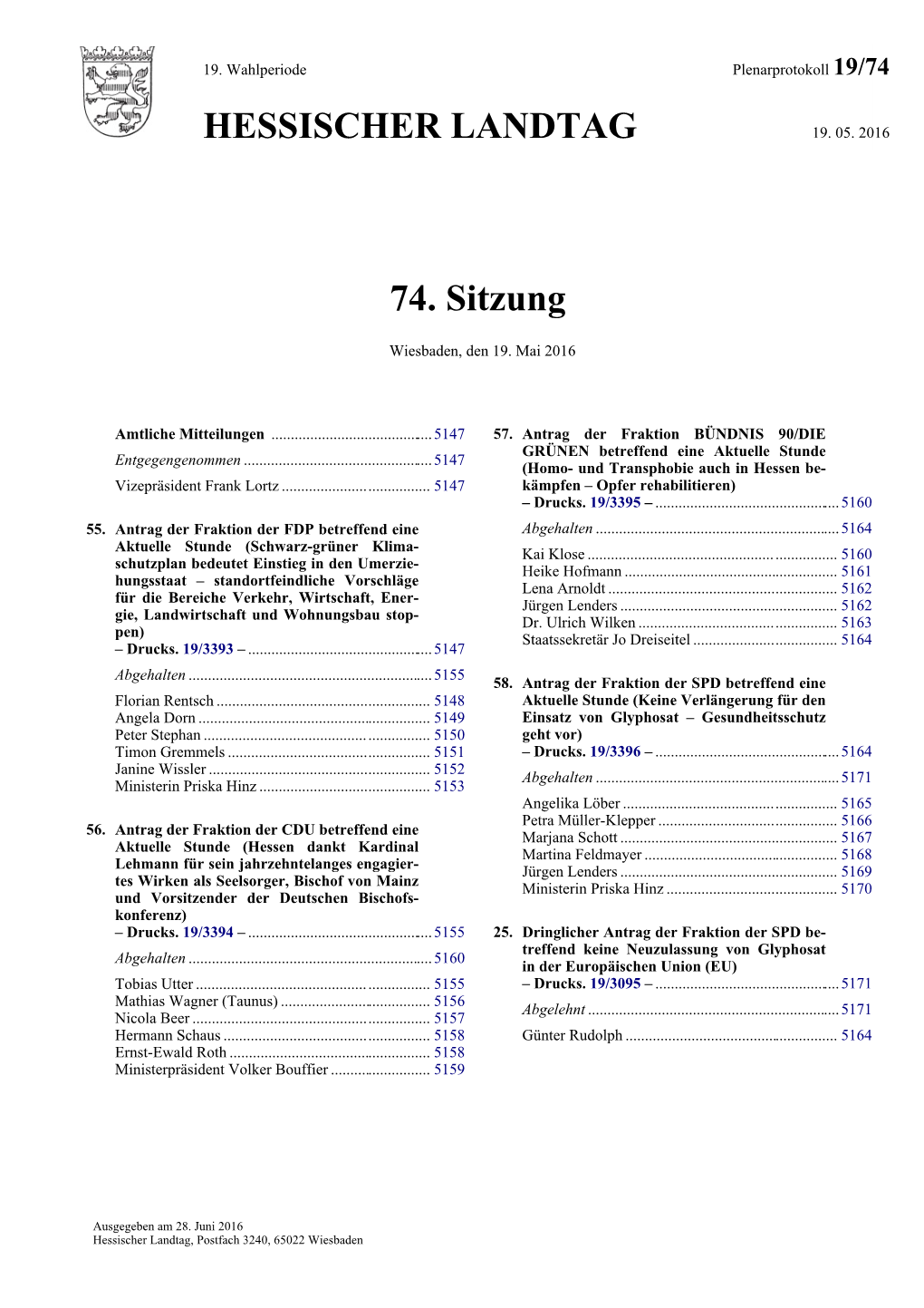 HESSISCHER LANDTAG 74. Sitzung