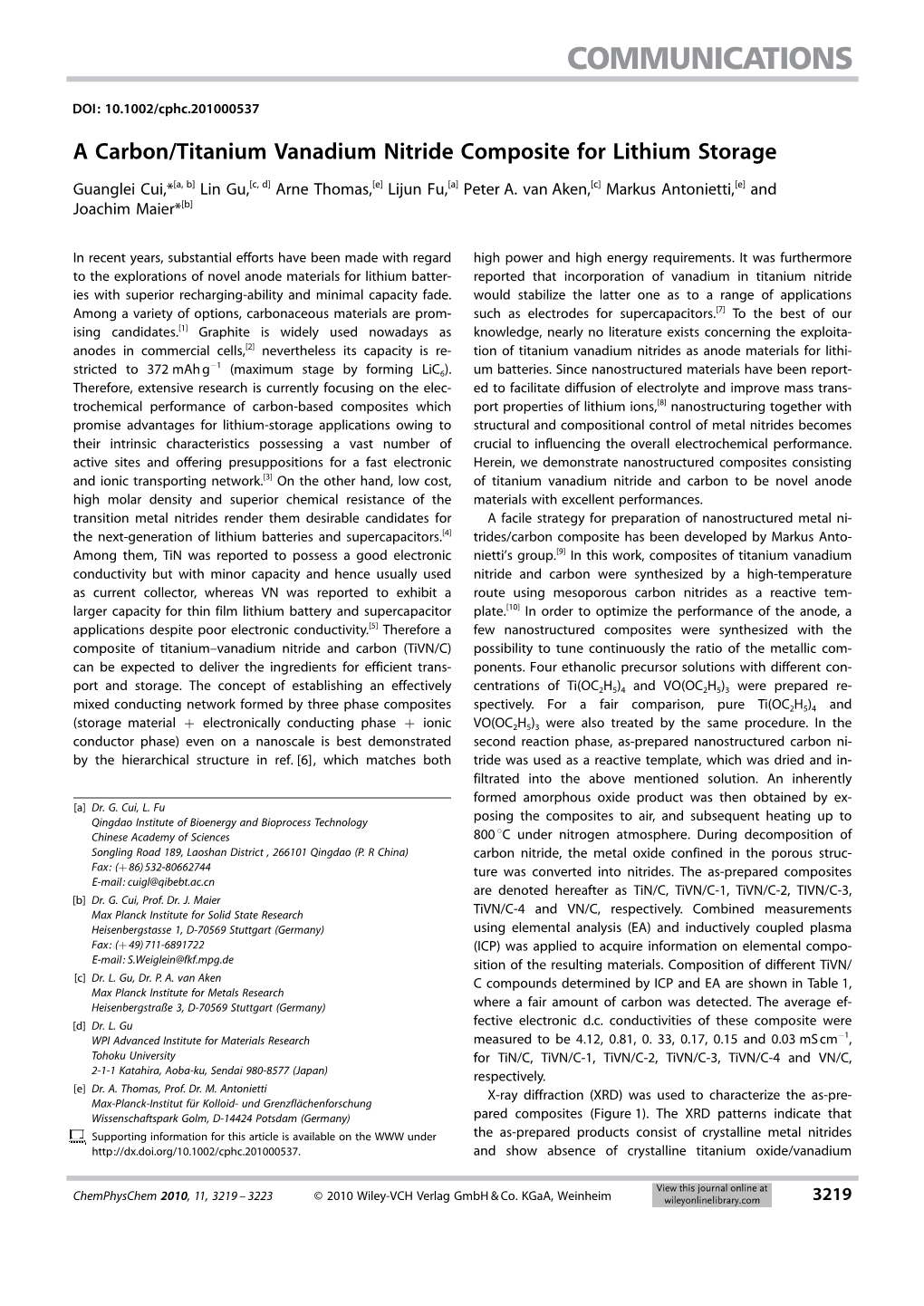 A Carbon/Titanium Vanadium Nitride Composite for Lithium Storage