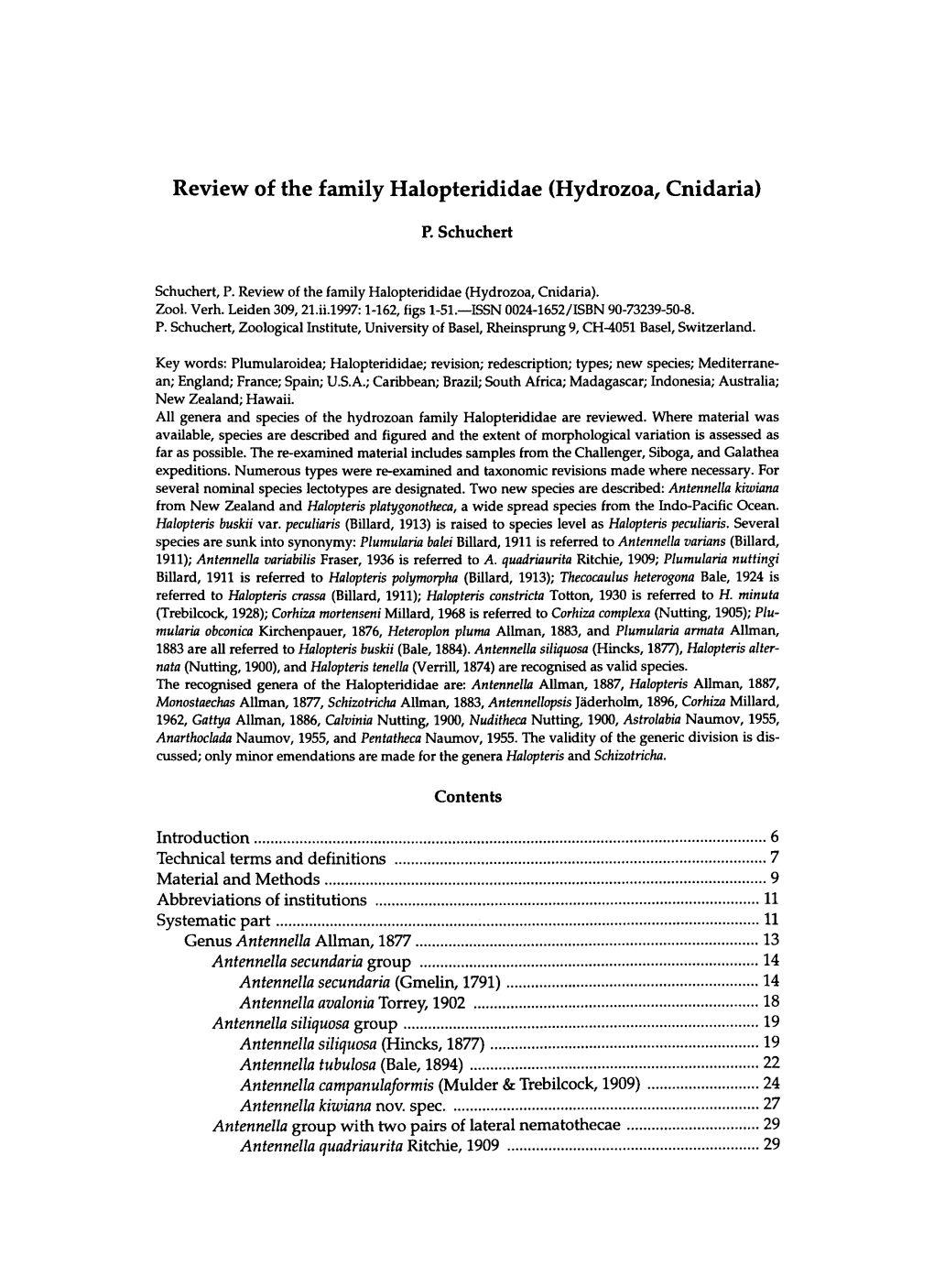 Review of the Family Halopterididae (Hydrozoa, Cnidaria)