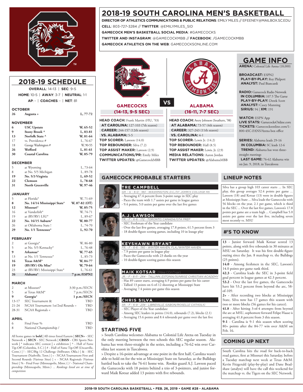 Game Info 2018-19 South Carolina Men's Basketball