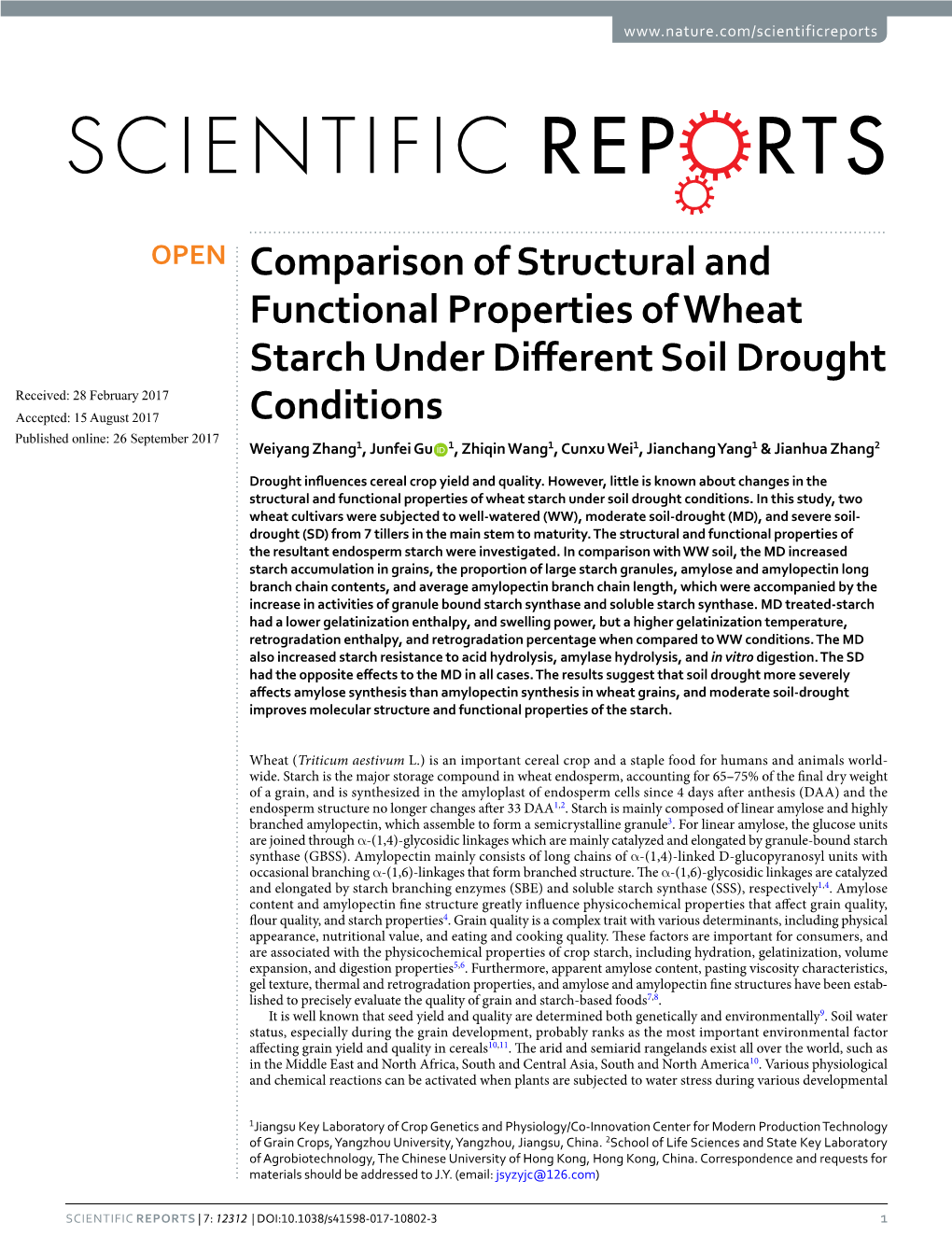 Comparison of Structural and Functional Properties of Wheat Starch Under Different Soil Drought Conditions