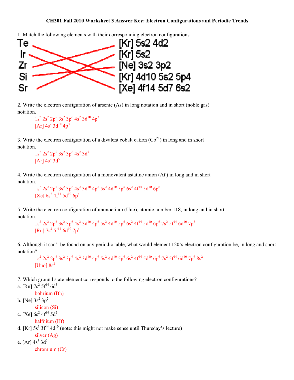 Electron Configurations and Periodic Trends 1. Match the Following