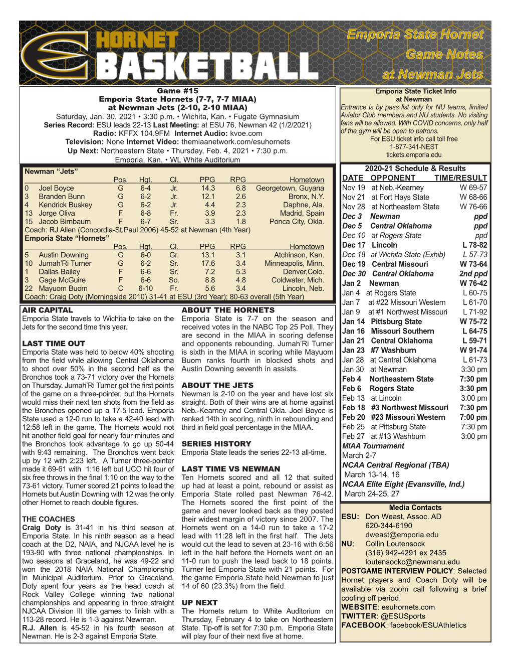 Emporia State Hornet Game Notes at Newman Jets