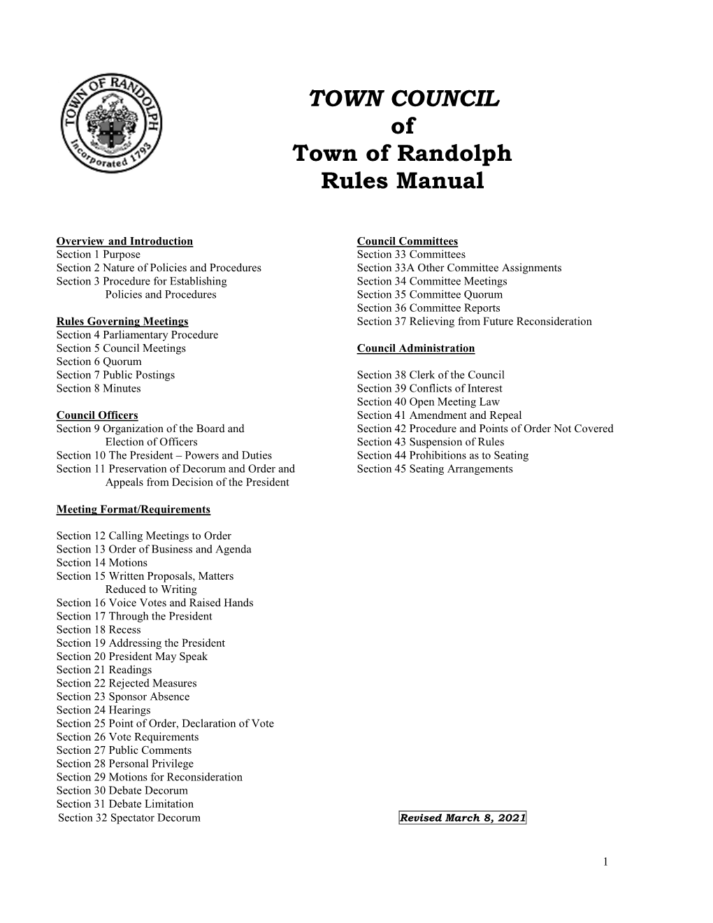 Town Council Rules and Regulations