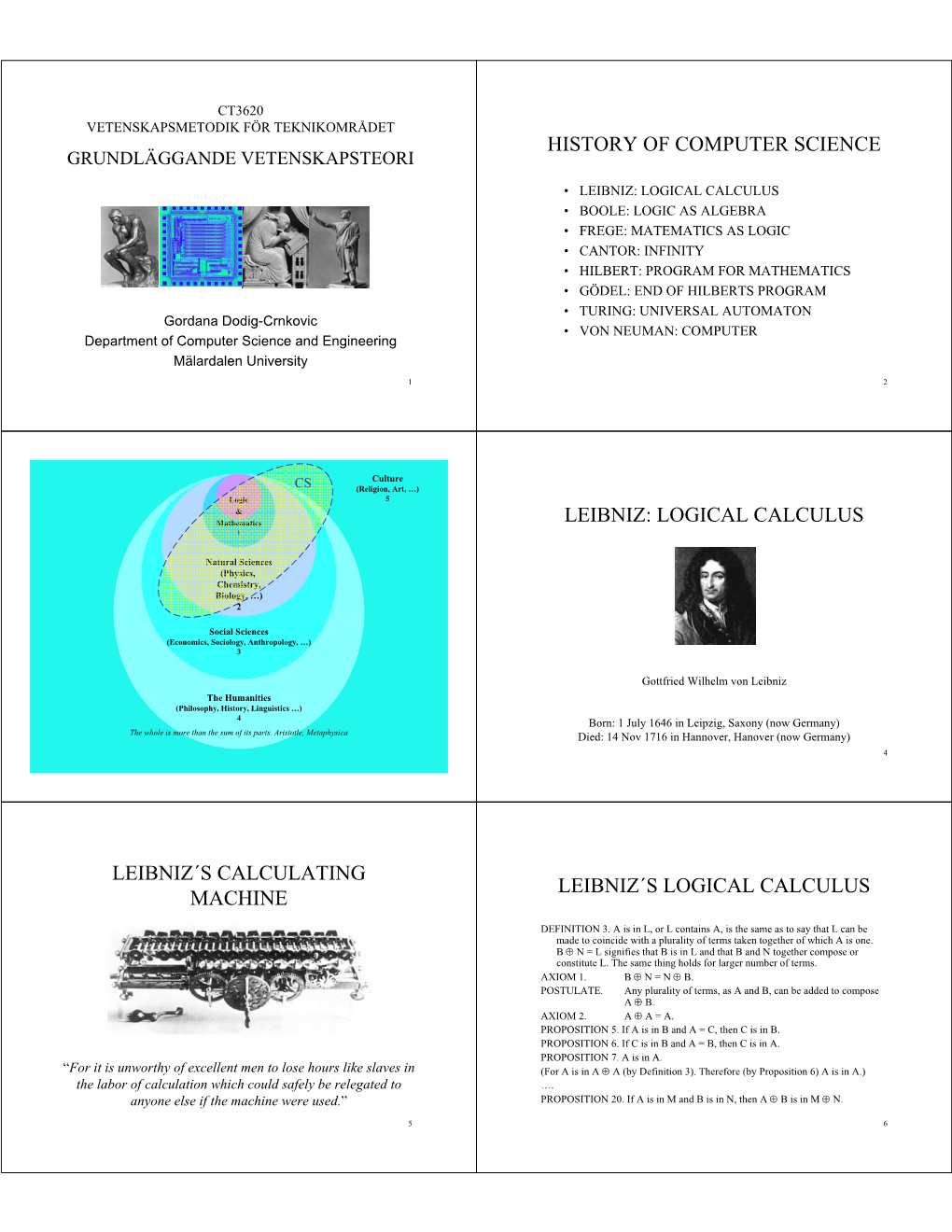 History of Computer Science Leibniz: Logical Calculus