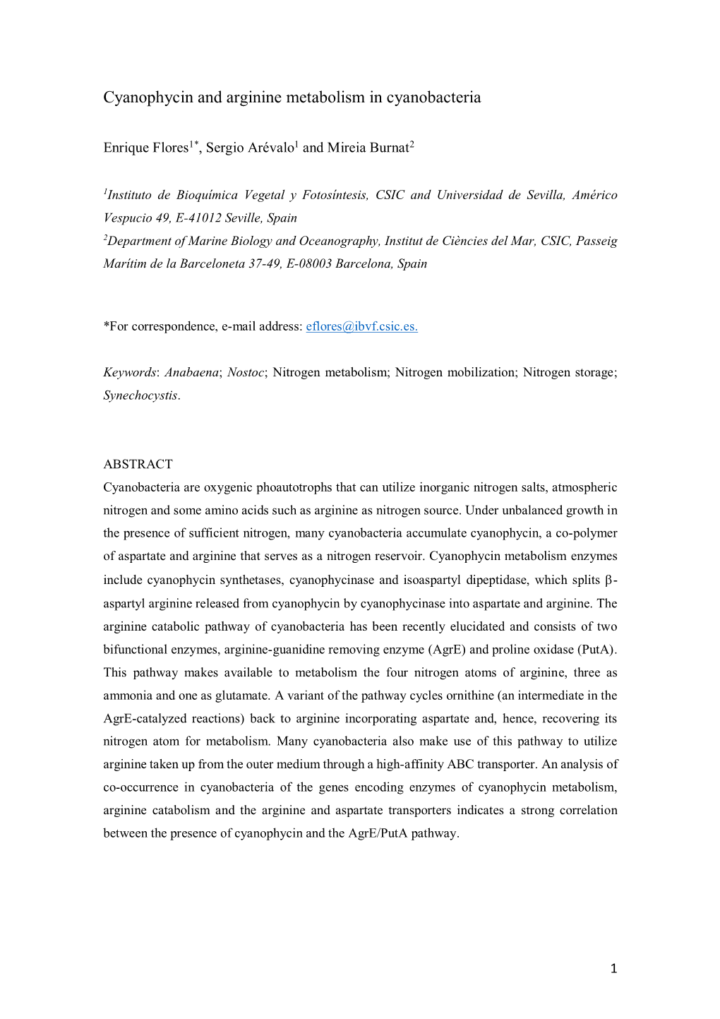 Cyanophycin and Arginine Metabolism in Cyanobacteria