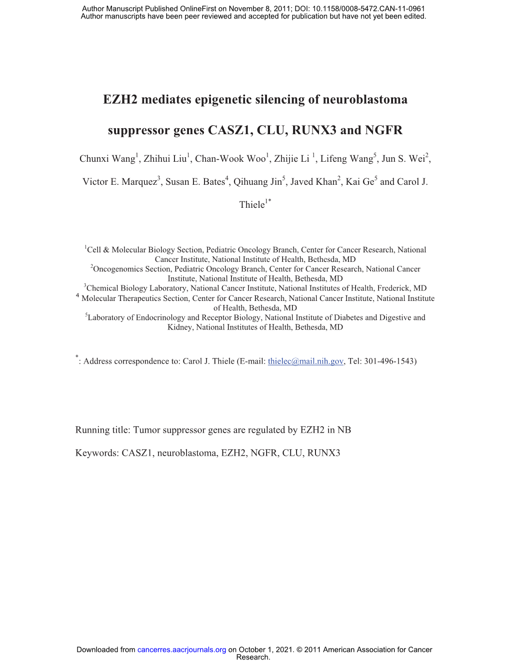 EZH2 Mediates Epigenetic Silencing of Neuroblastoma