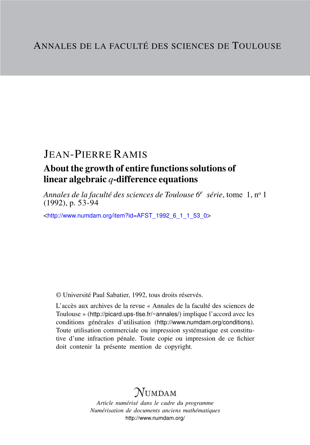 About the Growth of Entire Functions Solutions of Linear Algebraic Q