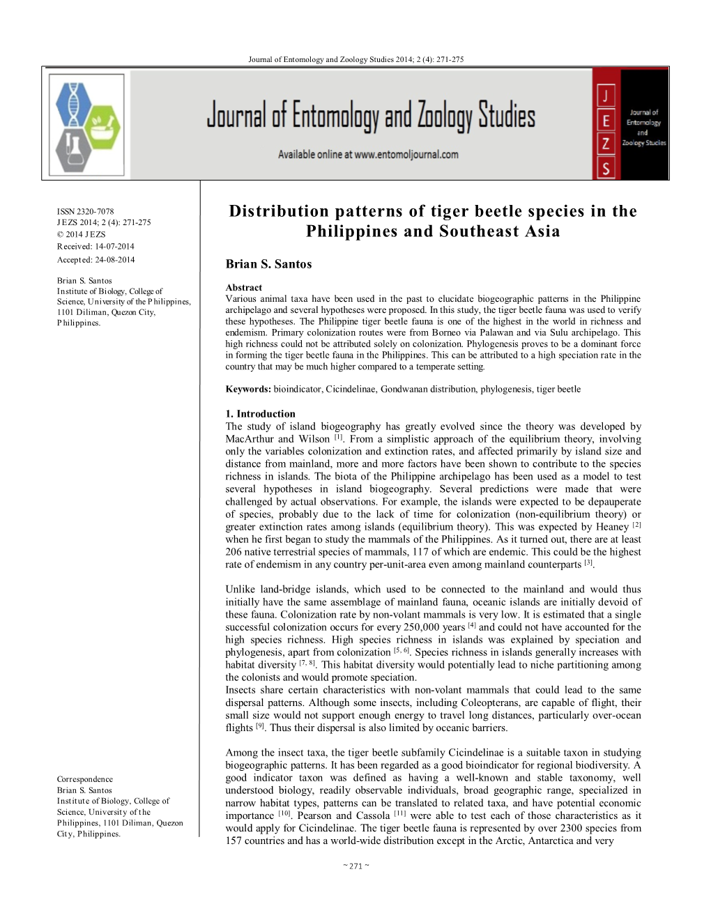 Distribution Patterns of Tiger Beetle Species in the JEZS 2014; 2 (4): 271-275 © 2014 JEZS Philippines and Southeast Asia Received: 14-07-2014