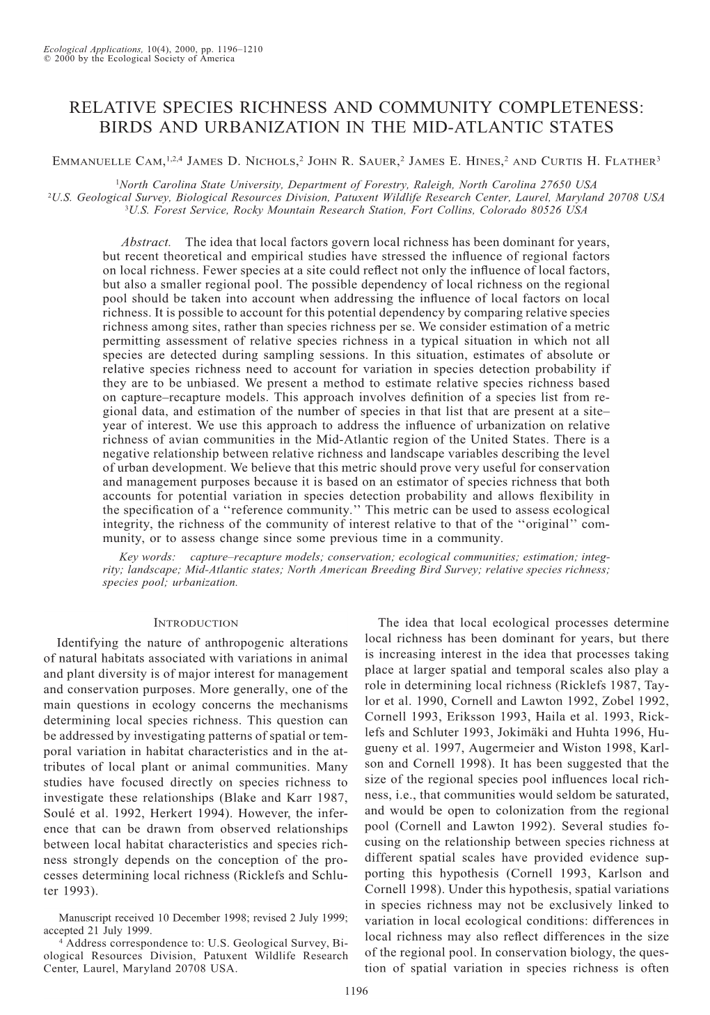 Relative Species Richness and Community Completeness: Birds and Urbanization in the Mid-Atlantic States