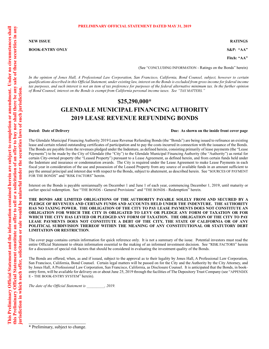 $25,290,000* Glendale Municipal Financing Authority 2019 Lease Revenue Refunding Bonds