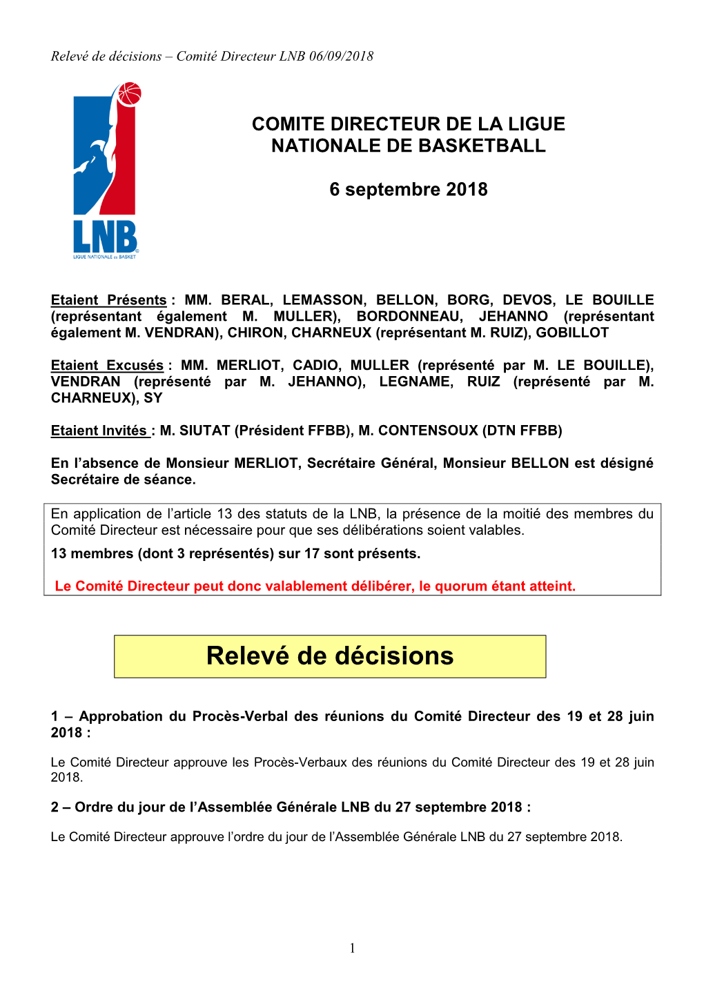 Relevé De Décisions – Comité Directeur LNB 06/09/2018