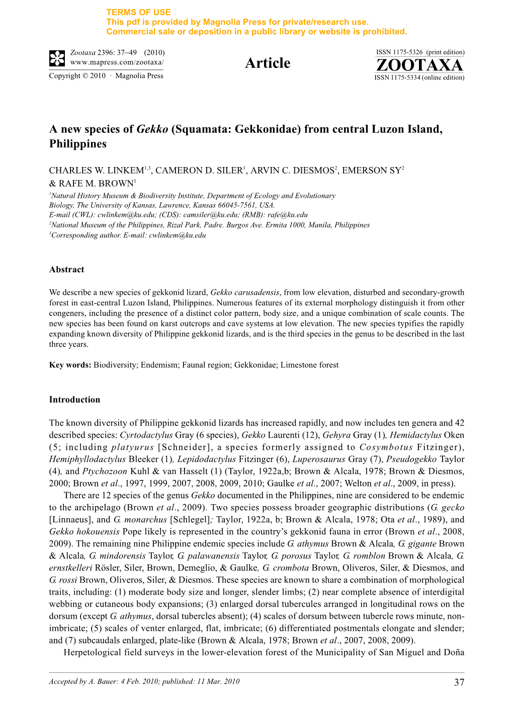 Zootaxa, a New Species of Gekko (Squamata