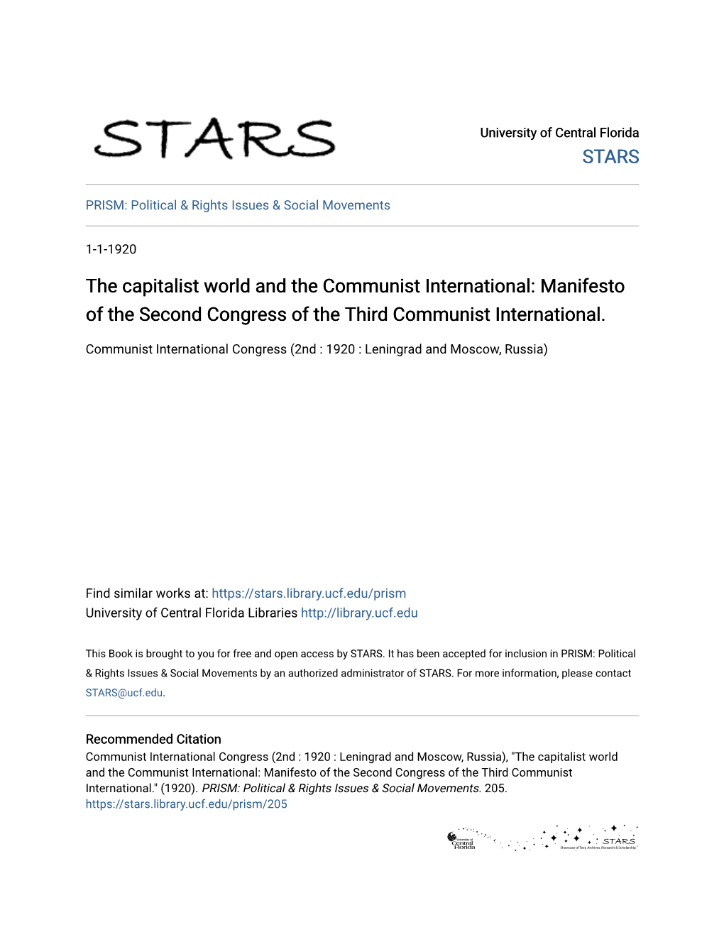 The Capitalist World and the Communist International: Manifesto of the Second Congress of the Third Communist International