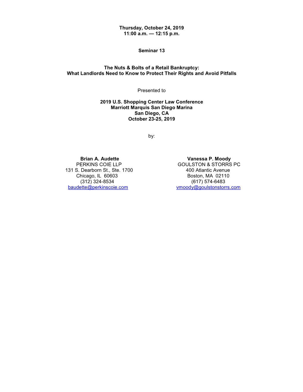 12:15 Pm Seminar 13 the Nuts & Bolts of a Retail Bankruptcy