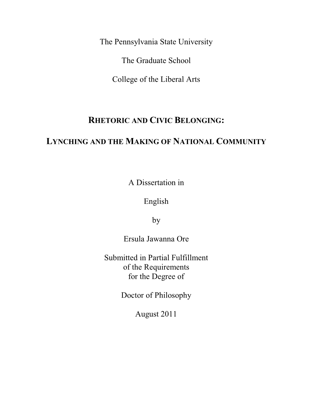 Rhetoric and Civic Belonging: Lynching and the Making of National Community