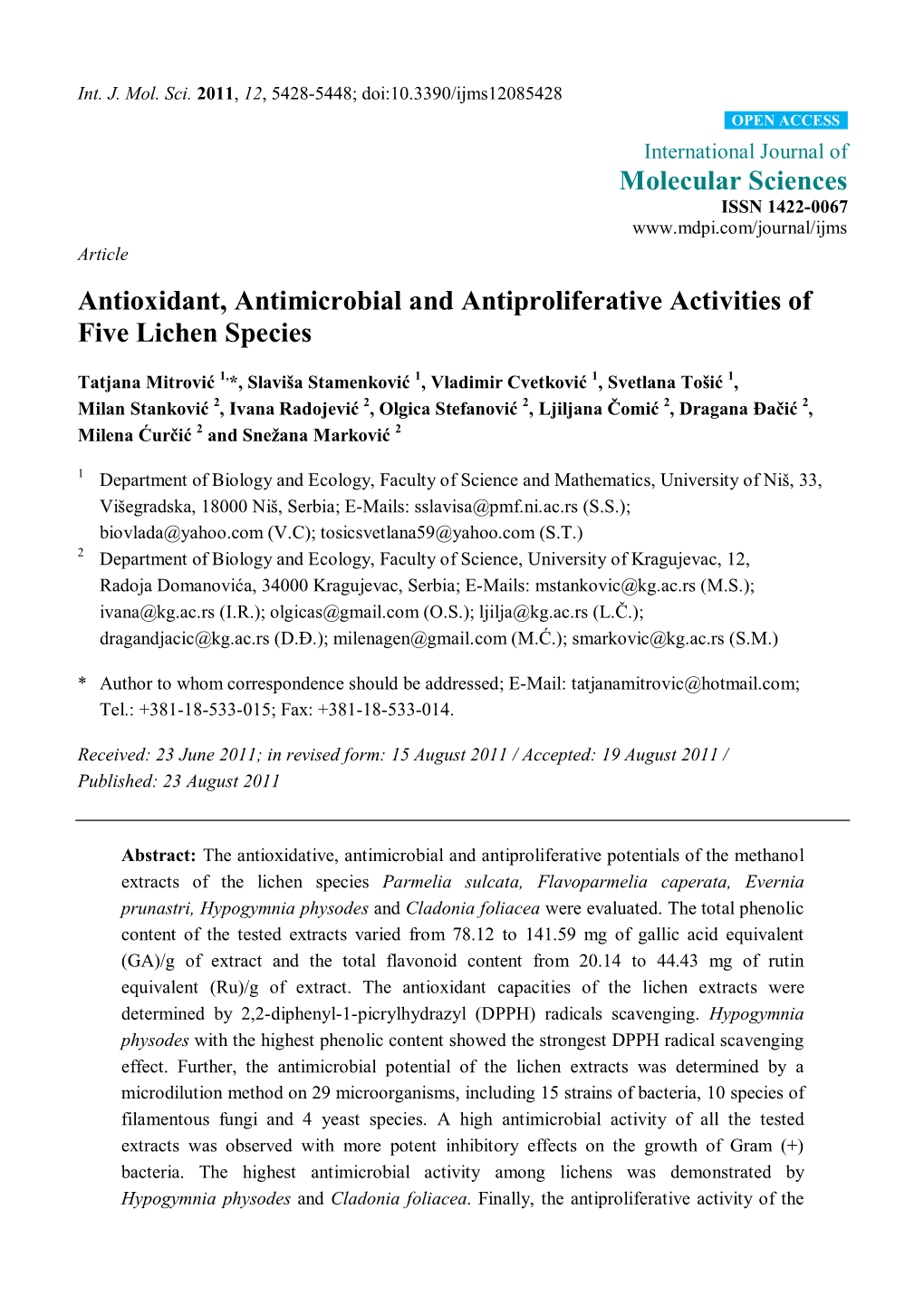 Antioxidant, Antimicrobial and Antiproliferative Activities of Five Lichen Species