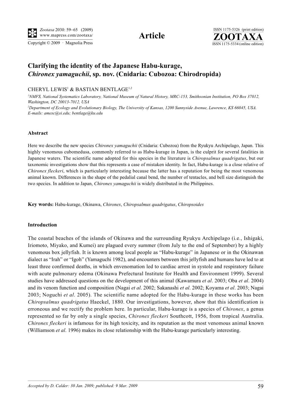 Zootaxa, Clarifying the Identity of the Japanese Habu-Kurage