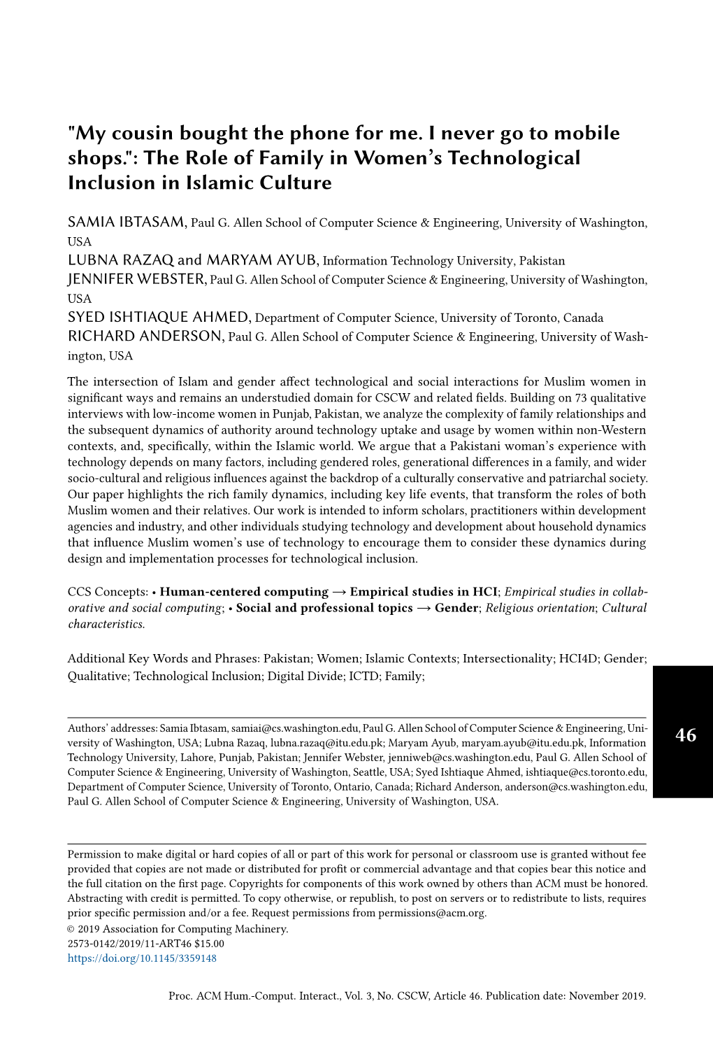 "My Cousin Bought the Phone for Me. I Never Go to Mobile Shops.": the Role of Family in Women’S Technological Inclusion in Islamic Culture