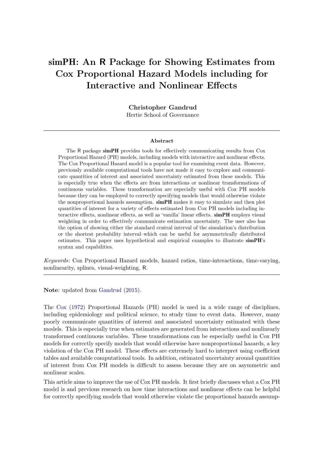 Simph: an R Package for Showing Estimates from Cox Proportional Hazard Models Including for Interactive and Nonlinear Eﬀects