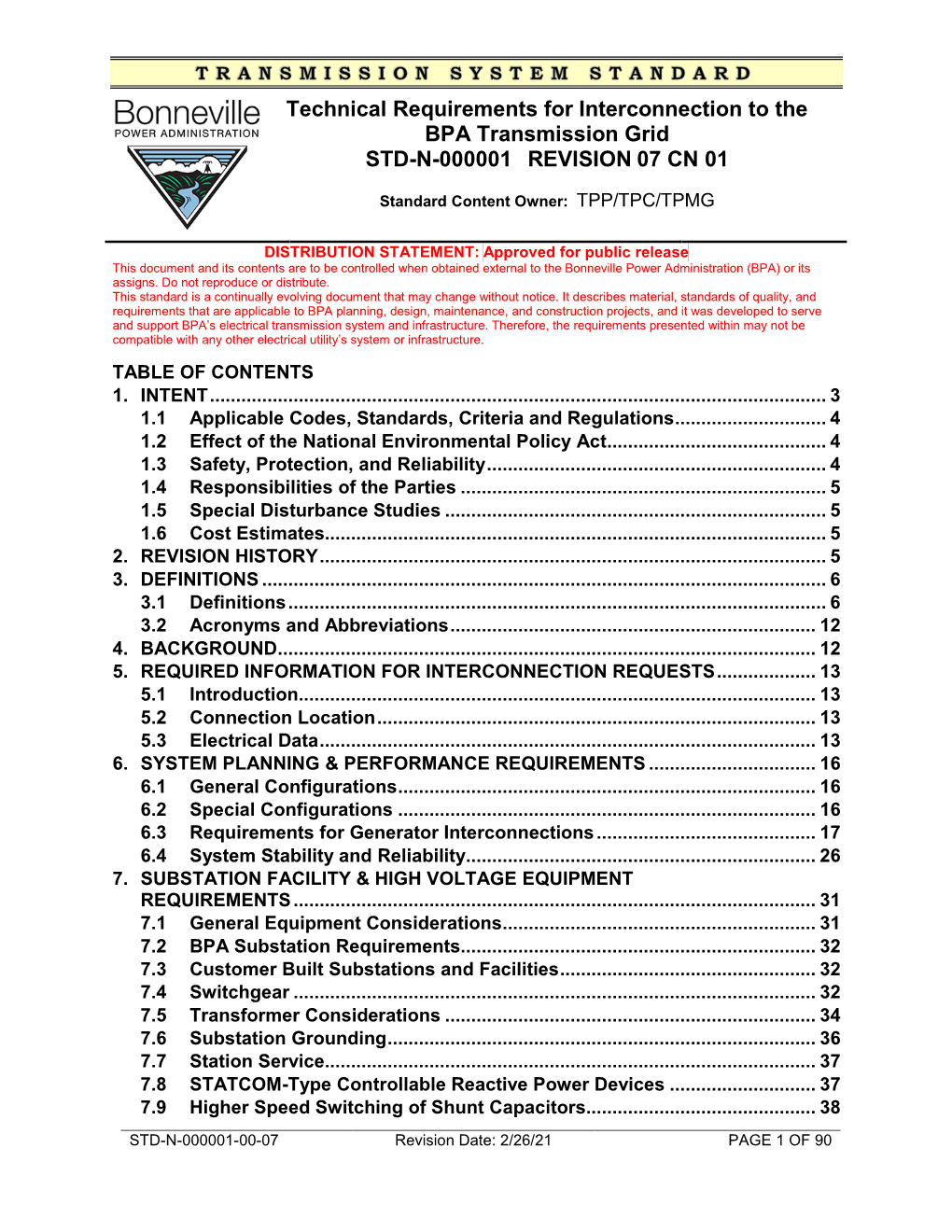 Technical Requirements for Interconnection to the BPA Transmission Grid STD-N-000001 REVISION 07 CN 01