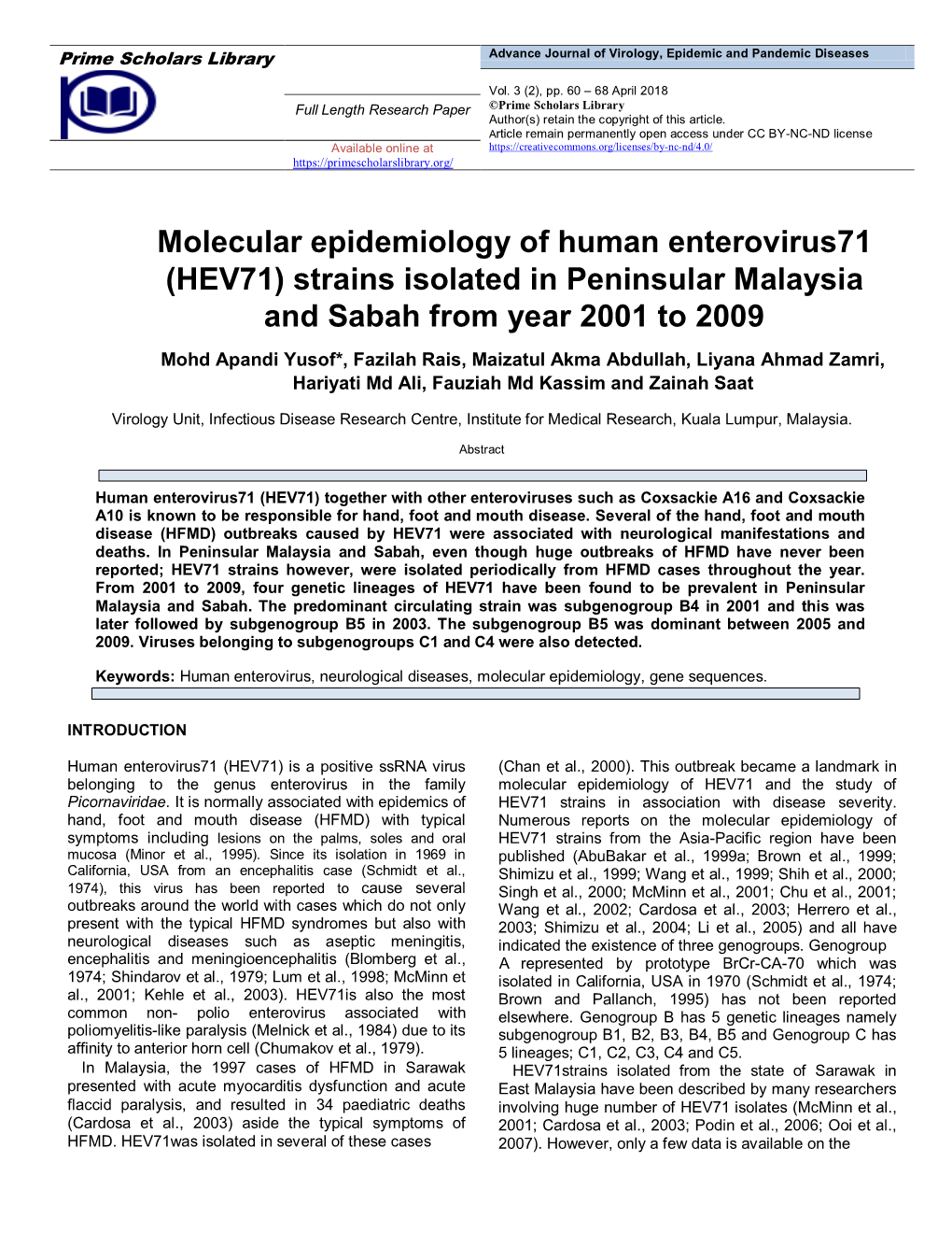 (HEV71) Strains Isolated in Peninsular Malaysia & Sabah from Year 2001