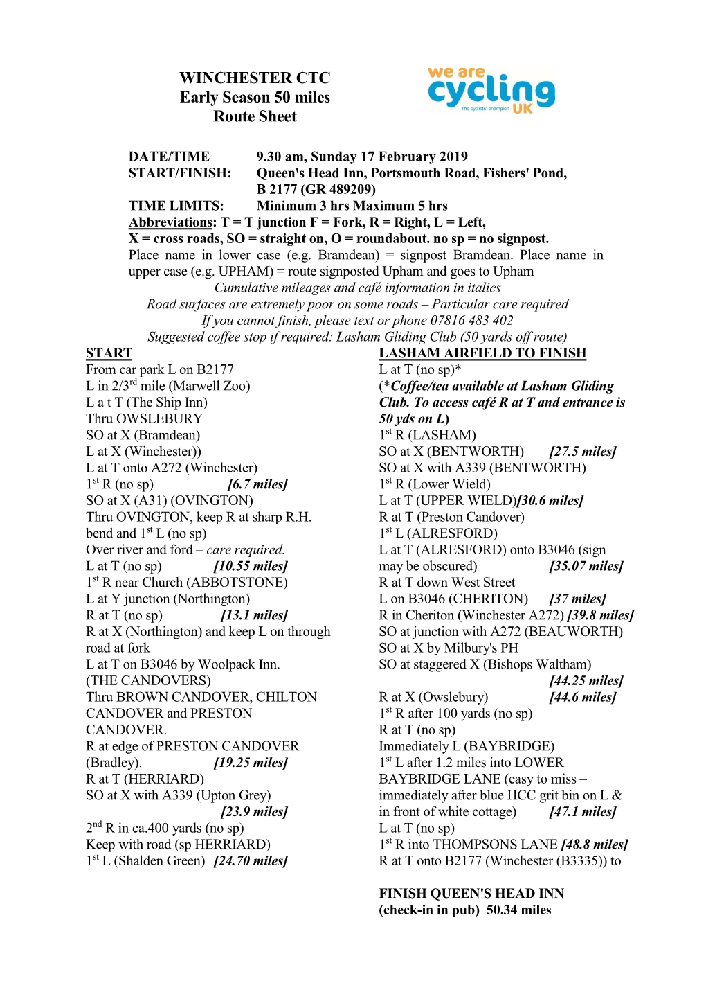 WINCHESTER CTC Early Season 50 Miles Route Sheet