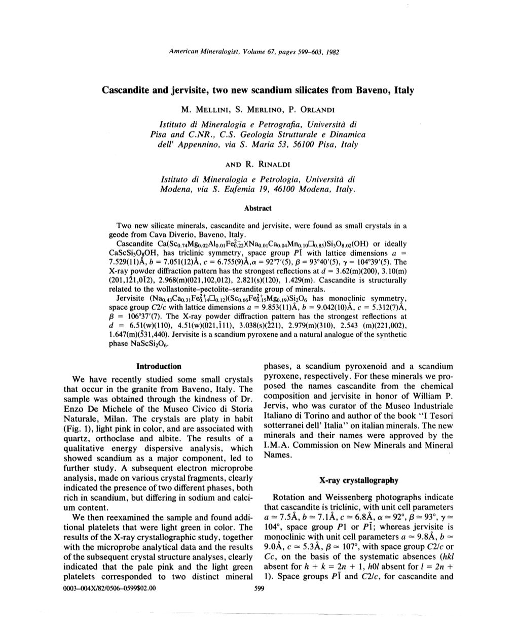 Cascandite and Jervisite, Two New Scandium Silicates from Baveno, Italy