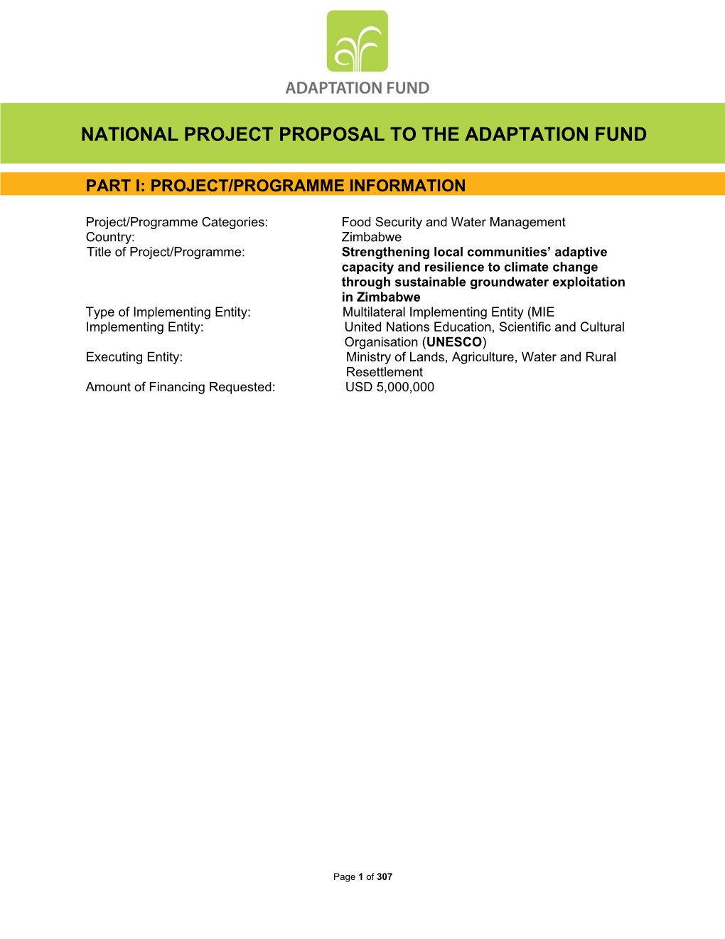 National Project Proposal to the Adaptation Fund