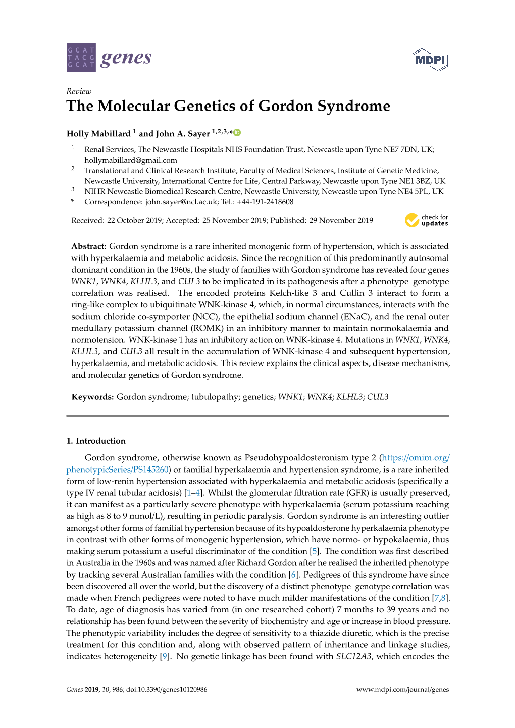 The Molecular Genetics of Gordon Syndrome