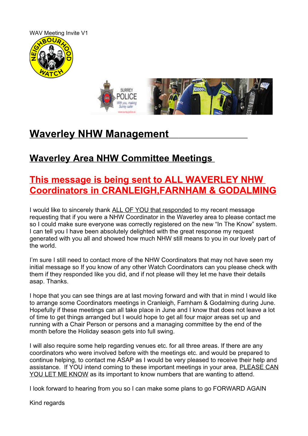 Waverley Area NHW Committee Meetings