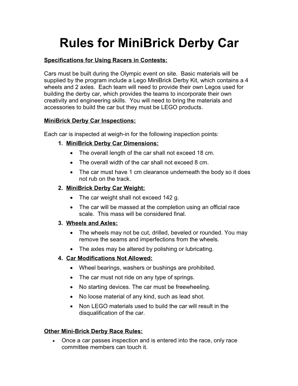 Rules for Minibrick Derby Car