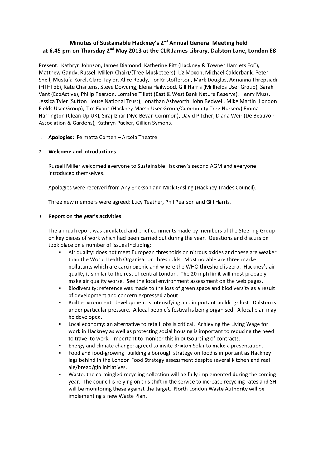 Minutes of Sustainable Hackney S 2Nd Annual General Meeting Held