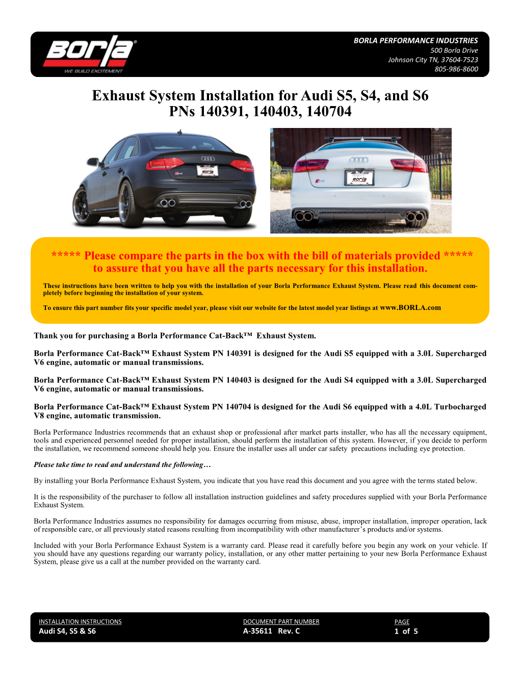 Exhaust System Installation for Audi S5, S4, and S6 Pns 140391, 140403, 140704