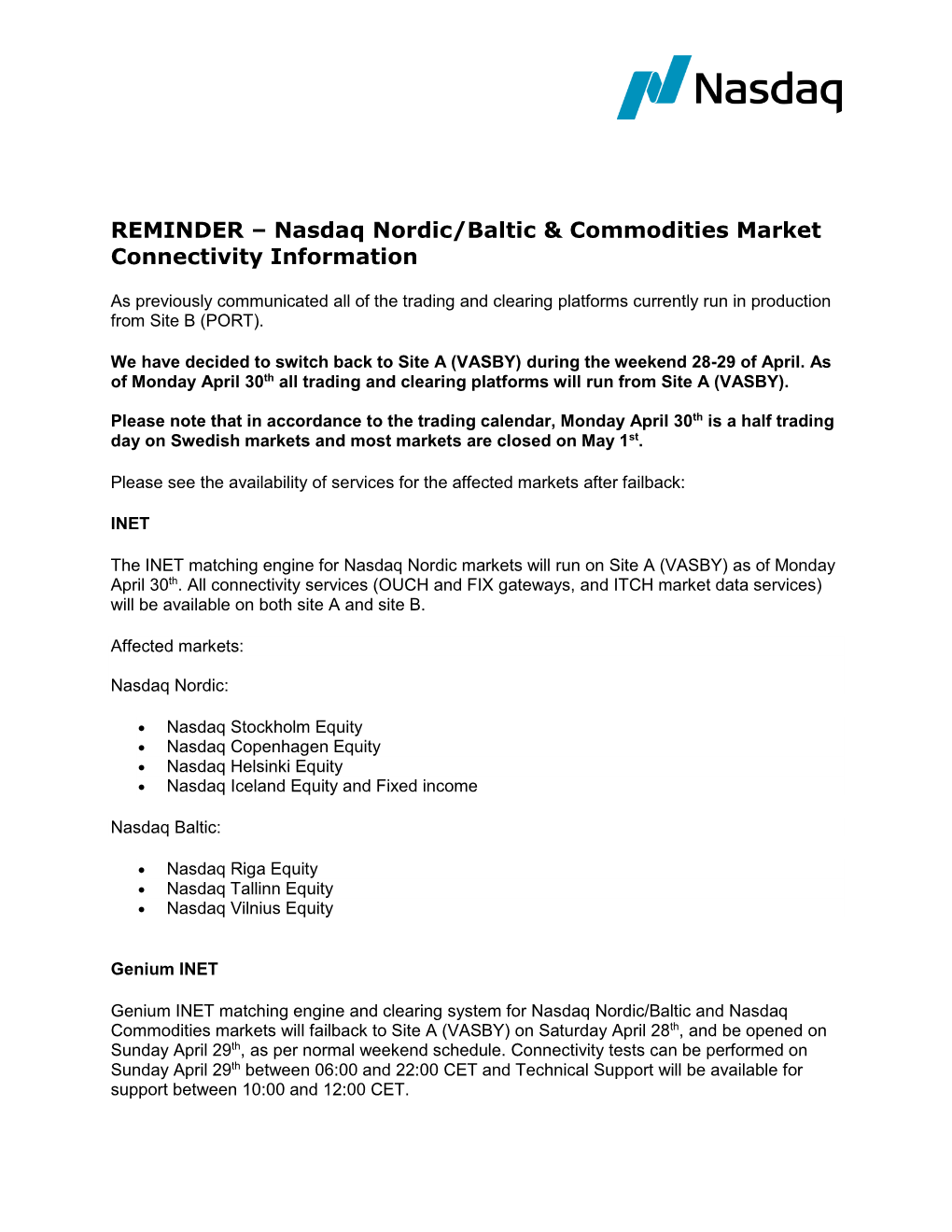 Nasdaq Nordic/Baltic & Commodities Market Connectivity Information
