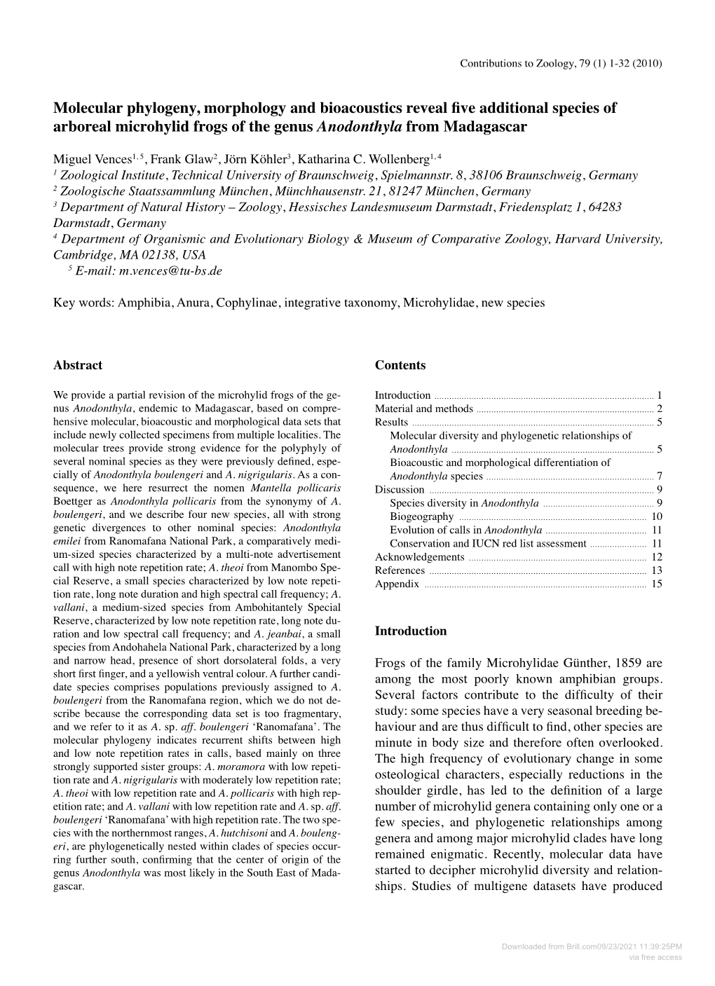 Molecular Phylogeny, Morphology and Bioacoustics Reveal Five Additional Species of Arboreal Microhylid Frogs of the Genus Anodonthyla from Madagascar