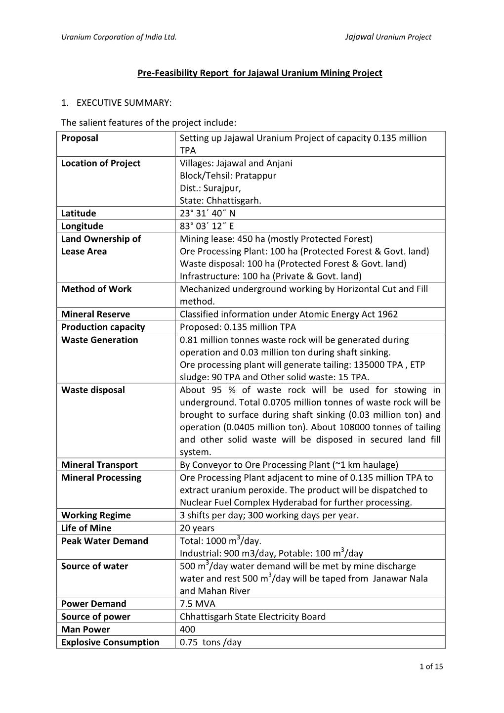 Pre-Feasibility Report for Jajawal Uranium Mining Project 1. EXECUTIVE SUMMARY