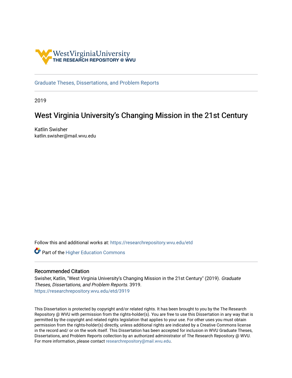 West Virginia University's Changing Mission in the 21St Century