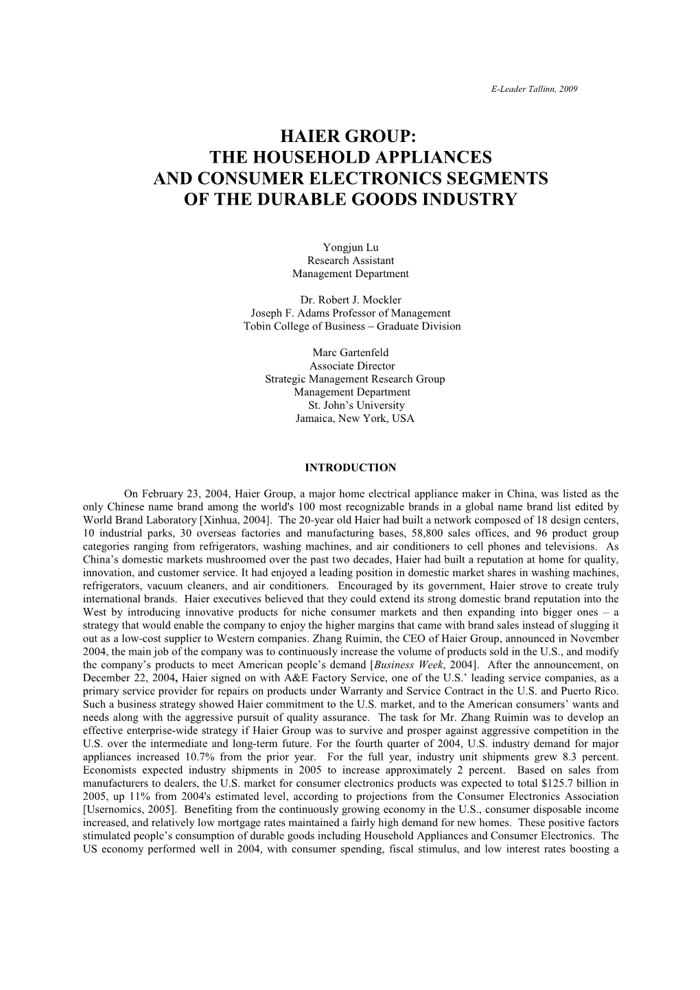 Haier Group: the Household Appliances and Consumer Electronics Segments of the Durable Goods Industry